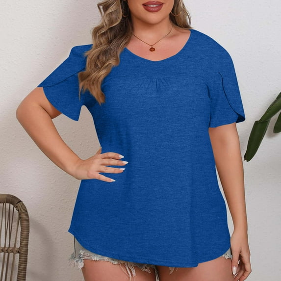 LADIGASU Women's Solid Color Plus Size Short Sleeve Round-Neck Blouses