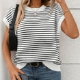 thumbnail image 1 of LADIGASU Women's Stripe Zipper Short Sleeve Round-Neck Blouses, 1 of 7
