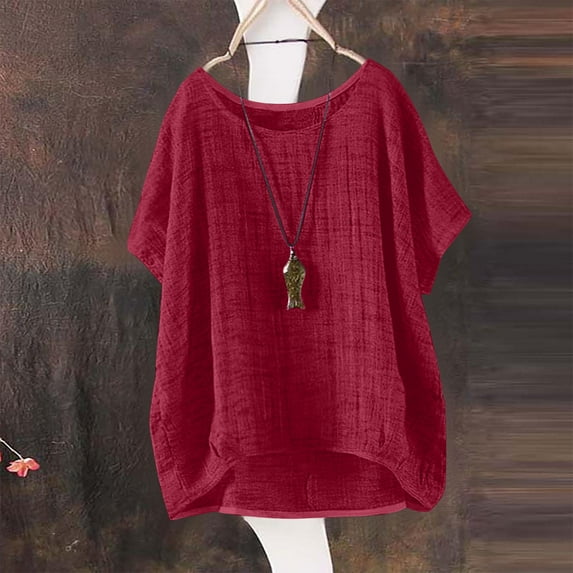 LADIGASU Women's Summer Solid Color Short Sleeve Shirt Round-Neck Loose Blouses