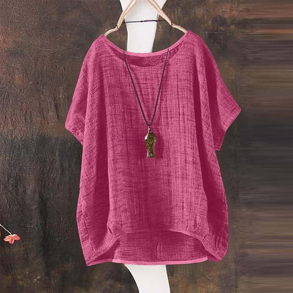 LADIGASU Women's Summer Solid Color Short Sleeve Shirt Round-Neck Loose Blouses