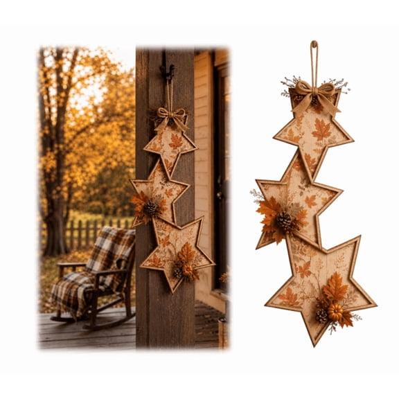 New Release! Vintage Triple Star Hanging Decor, Handcrafted Wooden Star Decoration with Fall Leaves for Home Wall and Door Display