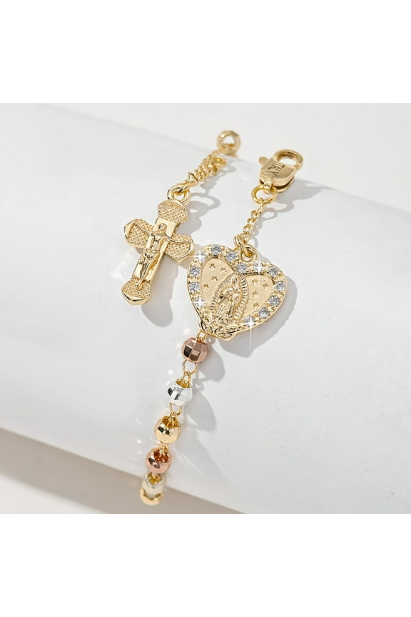 New Religious 14K Yellow Gold Rosary Bead Cross Bracelet For Women Cubic Zircon Virgin Mary San Benito Pulsera Jewelry