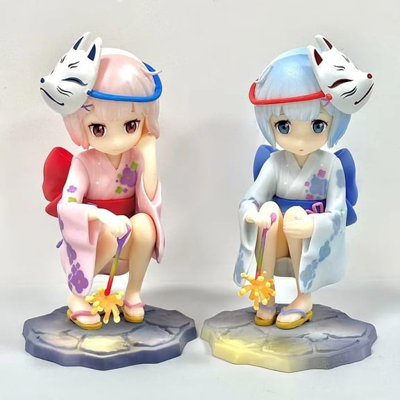 New Rem Figure Ram Figure Sitting Playing Fireworks Kimono Action Figures 15cm/5.9inch Anime Character Statue Model Ornament Gifts