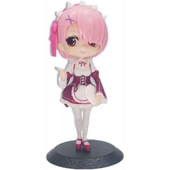 New Rem, Ram Figure, Q Version Big Eyes Standing Anime Figures 15cm/5.9inch PVC Character Action Model Figure Statue Decoration Ornament Gifts (Pink)