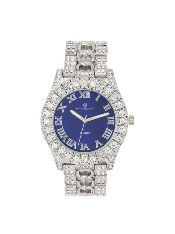 New Rendition of Mens Ice on Blast! More Elegance to Flaunt on The Dance Floor w/a Braid Design on Center of Watch Band! Beautiful Powerful Social Art of Ancestral Roots -ST10375 Silver Royal Blue