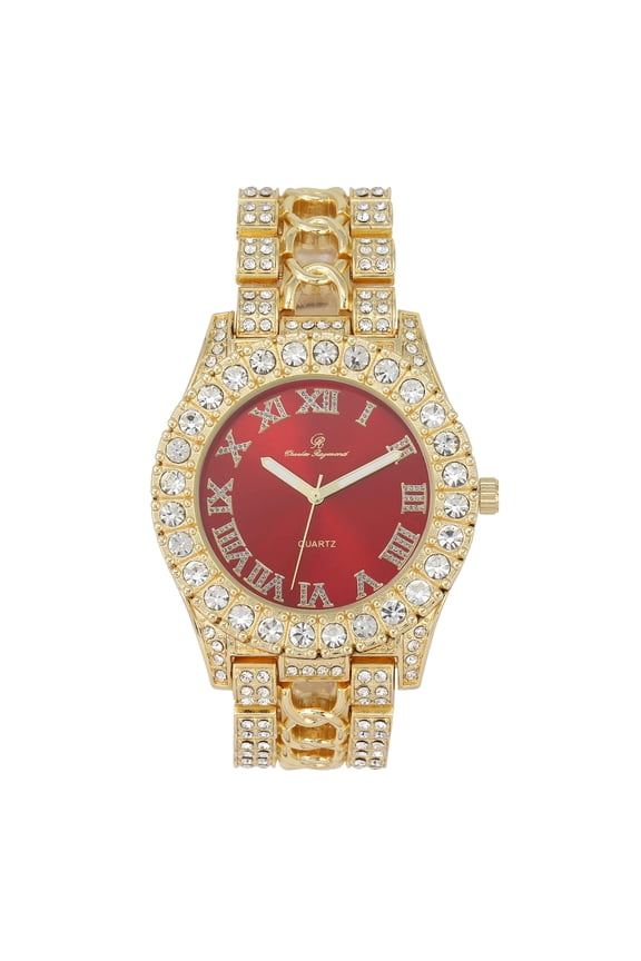 New Rendition of Mens Ice on Blast! More Elegance to Flaunt on The Dance Floor w/a Braid Design on Center of Watch Band! Beautiful Powerful Social Art of Ancestral Roots - ST10375 Gold Blood Red