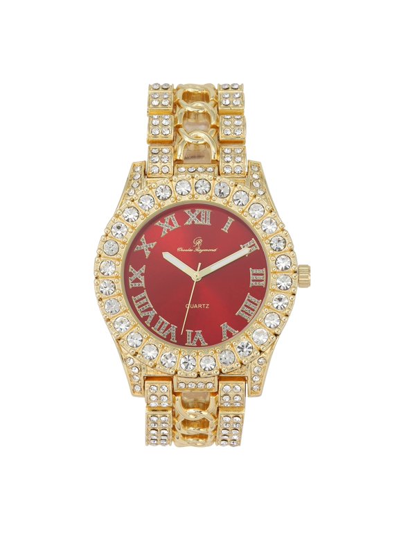 New Rendition of Mens Ice on Blast! More Elegance to Flaunt on The Dance Floor w/a Braid Design on Center of Watch Band! Beautiful Powerful Social Art of Ancestral Roots - ST10375 Gold Blood Red