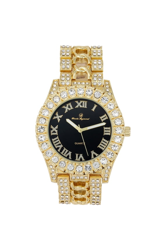 New Rendition of Mens Ice on Blast! More Elegance to Flaunt on The Dance Floor w/a Braid Design on Center of Watch Band! Beautiful Powerful Social Art of Ancestral Roots - ST10375 Gold Black