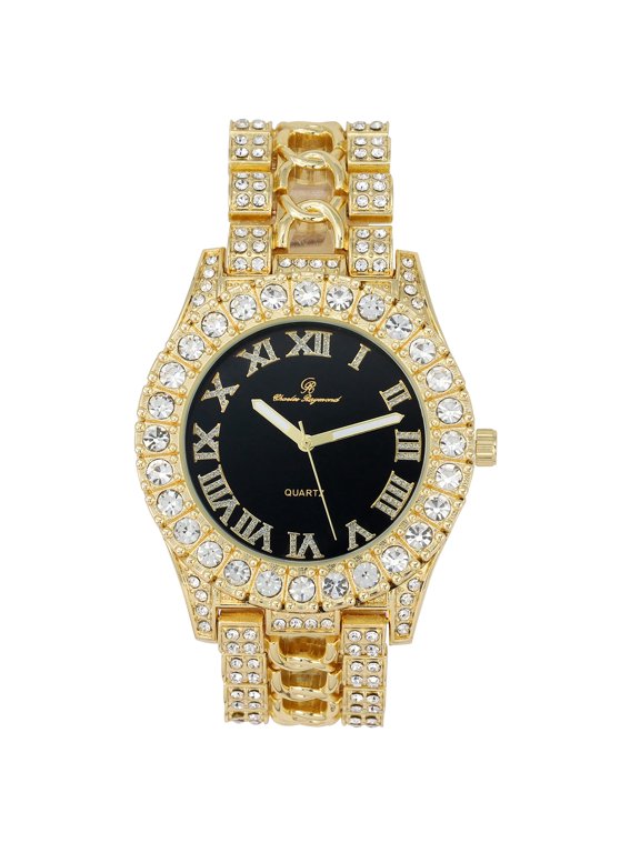 New Rendition of Mens Ice on Blast! More Elegance to Flaunt on The Dance Floor w/a Braid Design on Center of Watch Band! Beautiful Powerful Social Art of Ancestral Roots - ST10375 Gold Black
