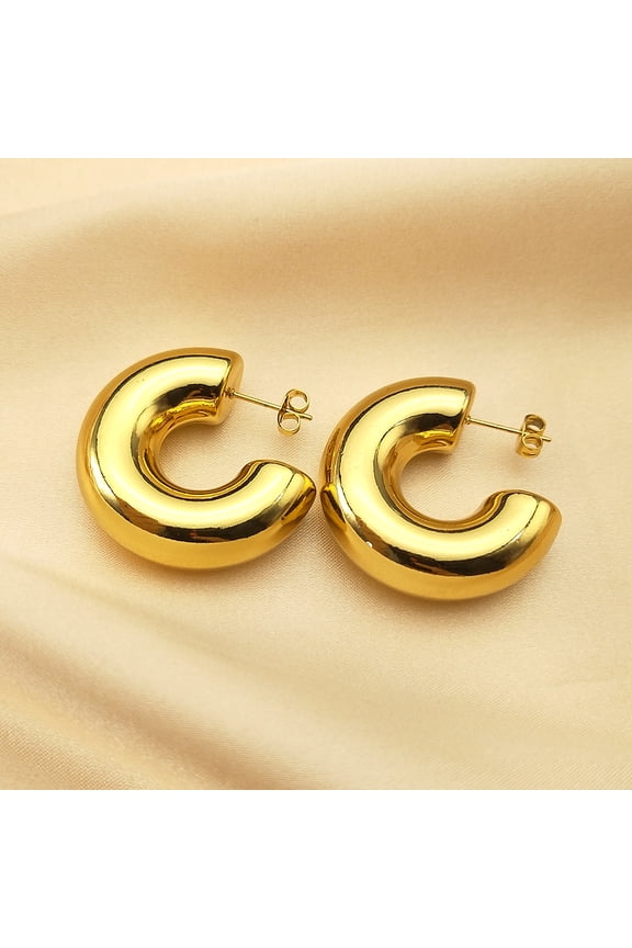 New Retro 14K Yellow Gold Chunky C Shape Hoop Earrings Glossy Circle Round Tube Huggie Hoops Stacked Ear Jewelry