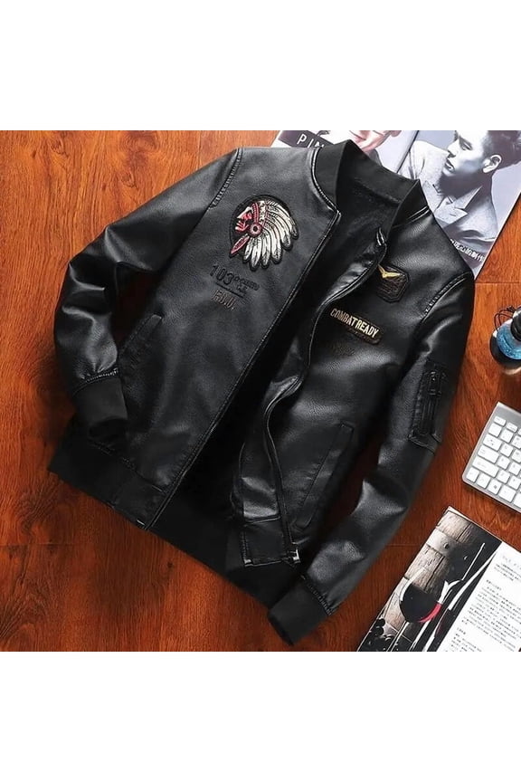 New Retro Embroidery Leather Baseball Jersey Bomber Military Jacket Lined Autumn Winter Wa
