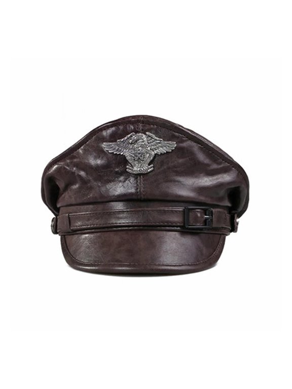 New Retro German Caps For Men Male Genuine Leather Flat Top Hats European American Captain Locomotive Chapeau ,Unisex