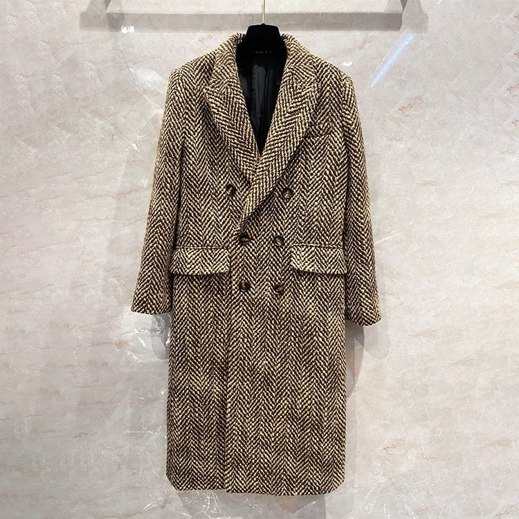 New Retro Herringbone Mohair Coat Women's Woolen Tweed Over