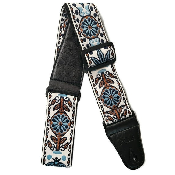 New Retro Vintage Jacquard Woven Acoustic Electric Guitar Strap Blue Brown Flower