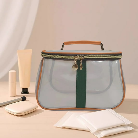 New Retro Vintage Vanity Bag, Clear Makeup Organizer with Handle, Large Capacity Water Resistant Cosmetic Toiletry Bag for Women, Travel Skincare Storage Case