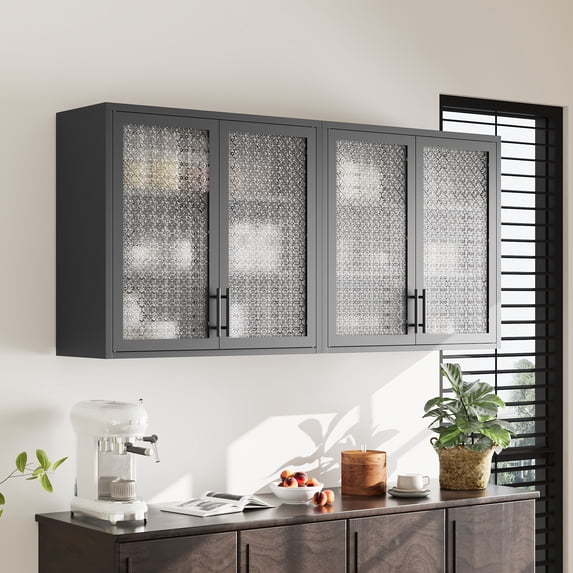 New Retro Wall Cabinet - Black Steel, Hazy Glass Doors, 2 Shelves, 31.5"W x 30"H, Outdoor Paint