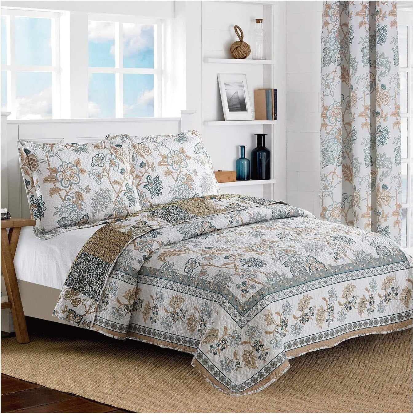 New Reversible 2Pc Floral Printed Blue/White Bedspread/Quilt Set Matching Curtains Available ( Size)