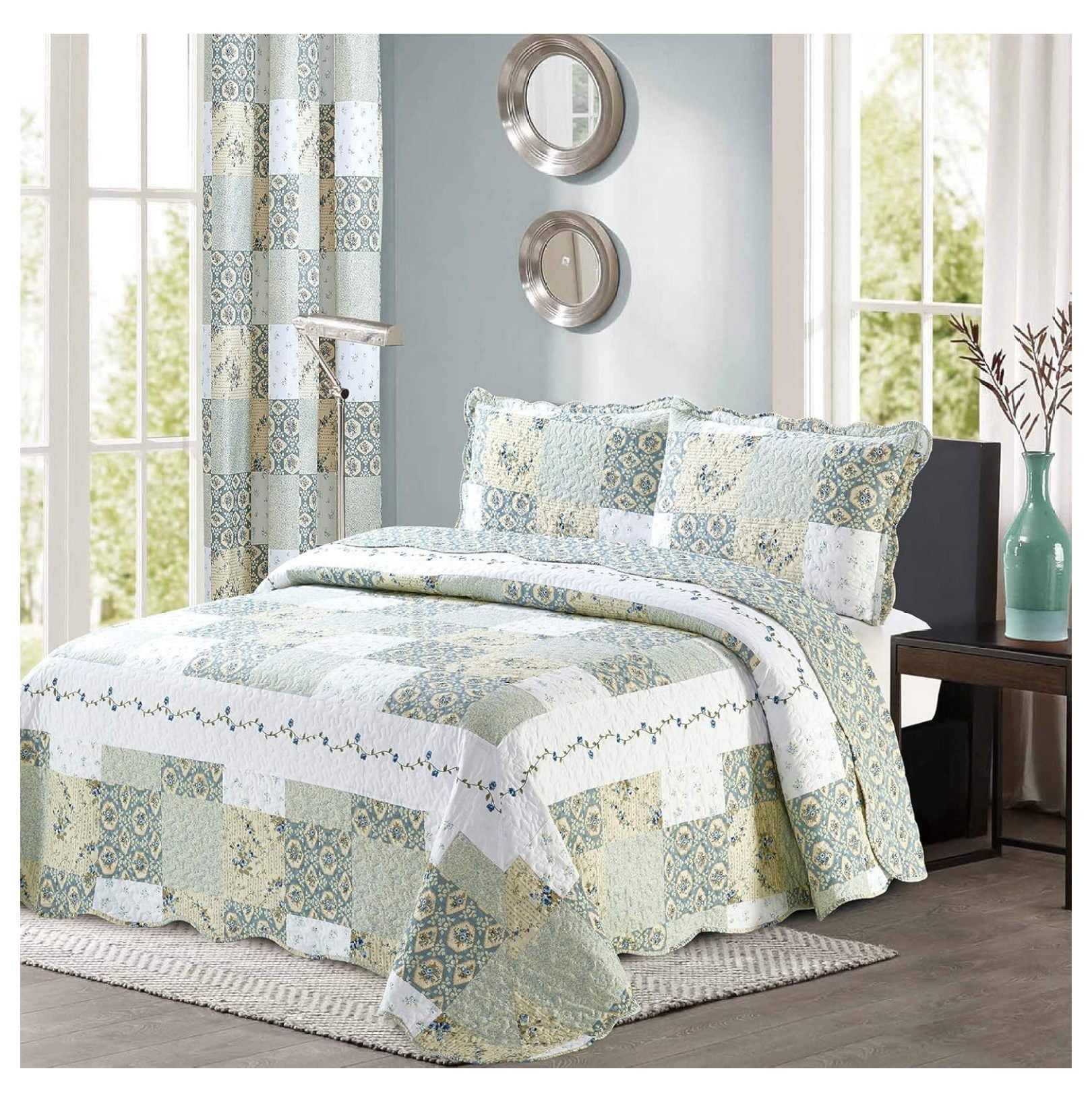 New Reversible 2pc Floral Printed Patchwork Blue/Green Bedspread/Quilt Set Matching Curtains Available ( Size)