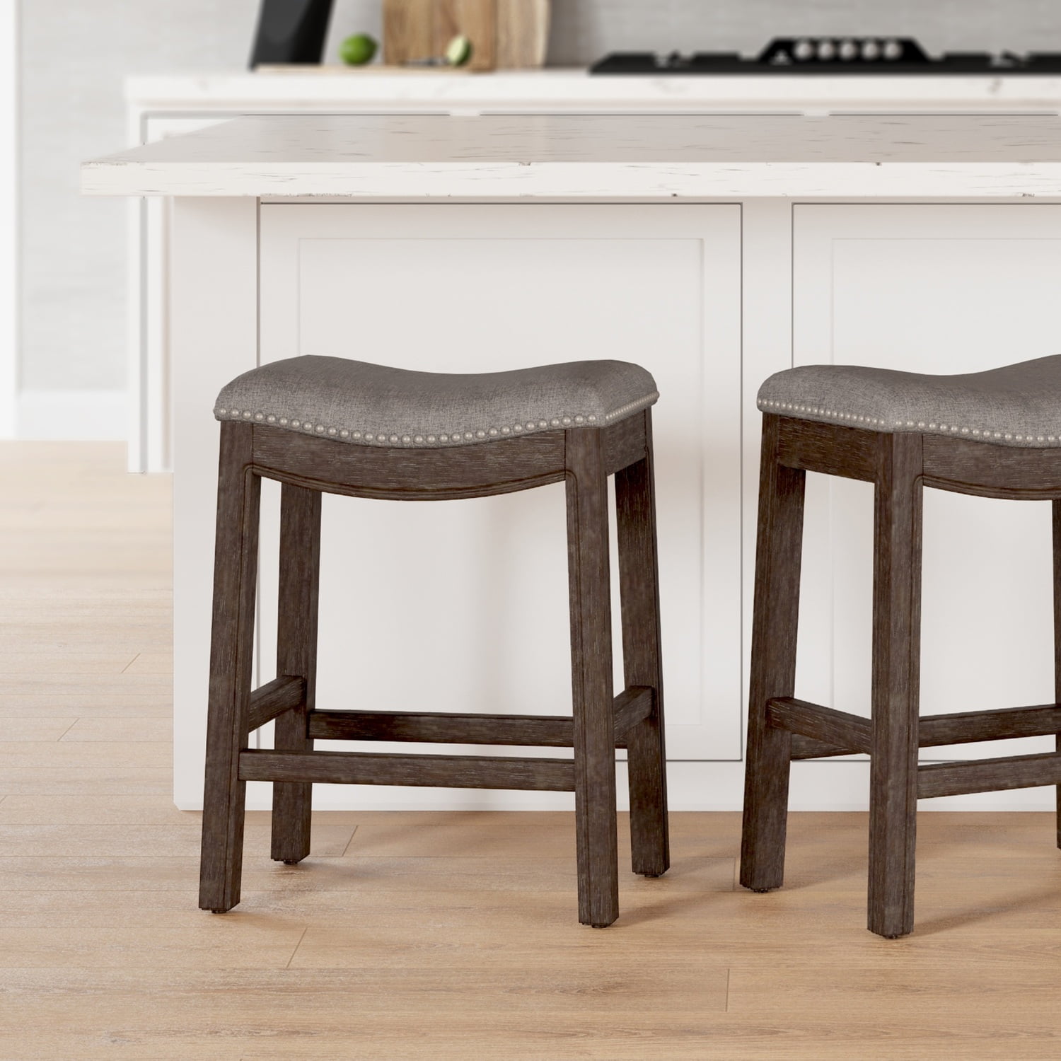 25" Saddle Style Wood Counter Stool in Cobble Gray with Nailhead Accents