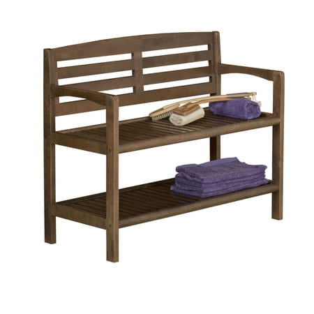 New Ridge Home Goods Abingdon 38in. W Solid Wood Bench with Back and Storage Shelf, Antique Chestnut
