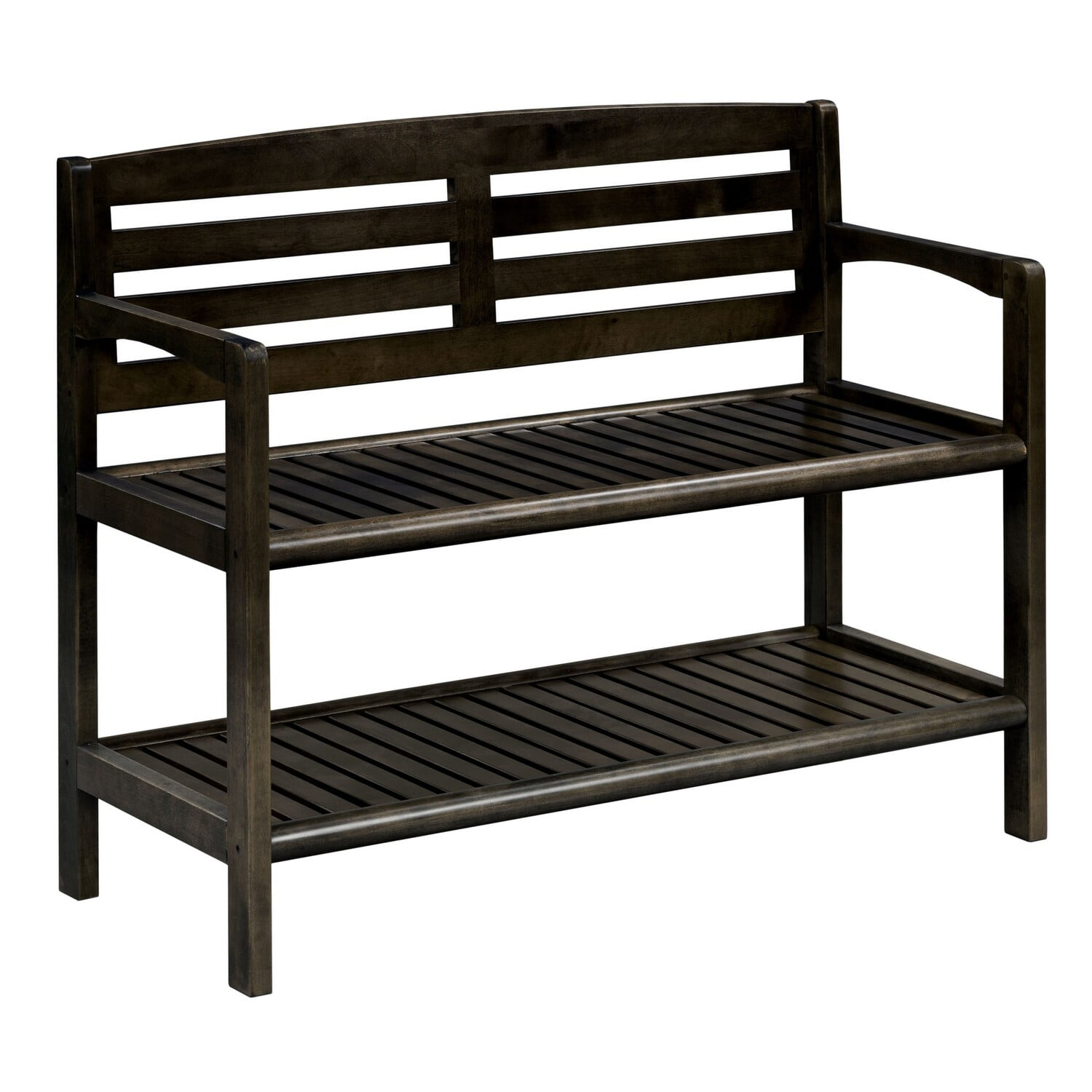Abingdon Espresso Solid Birch Wood Large Bench with Back and Storage Shelf