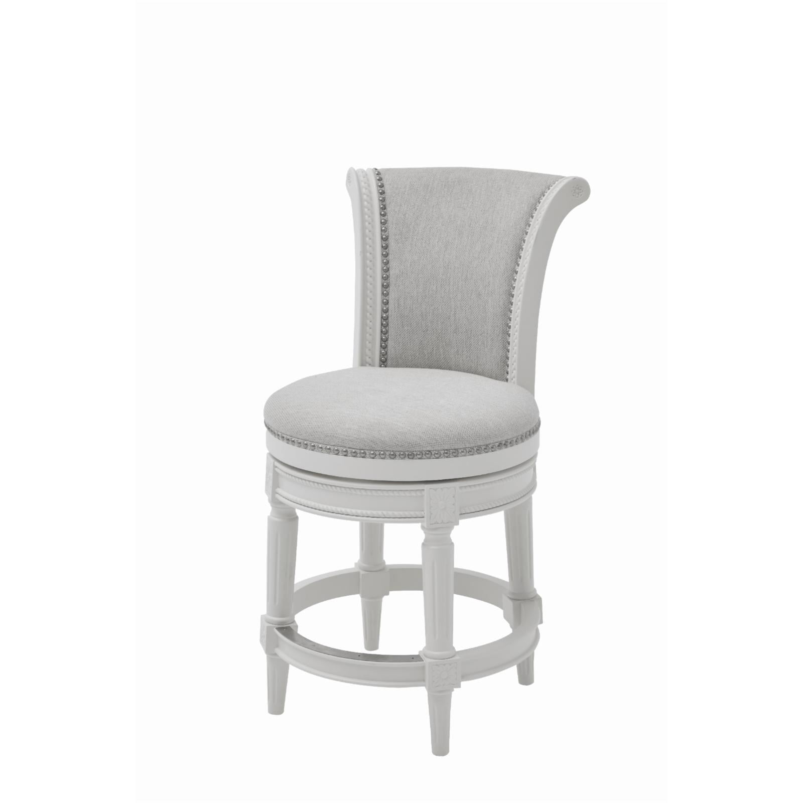 Alabaster White Leather-Wood Swivel Counter Stool with Nailhead Trim