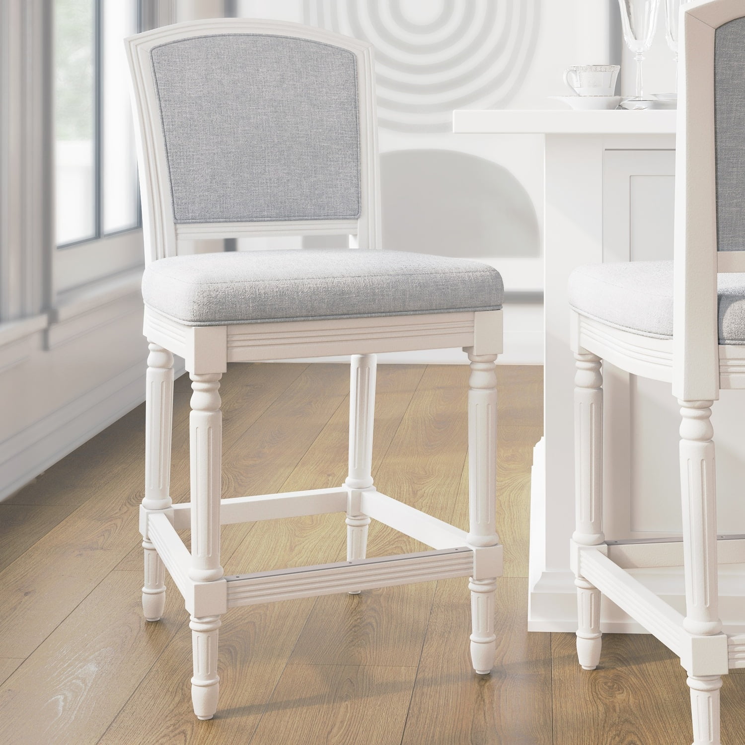 New Ridge Home Goods 26 White Counter Height Bar Stool with Gray Upholstered Seat and Back