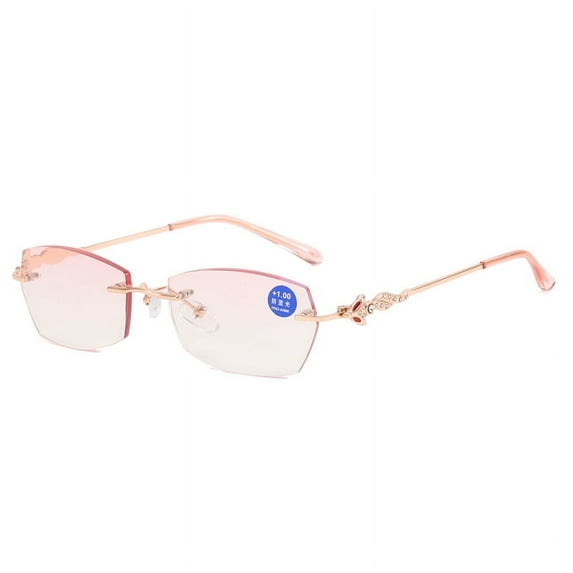New Rimless Diamond Trimming Anti-Blue Light Reading Glasses Fashion Metal Gradient Pink Rectangle Sunglasses Readers +3.00