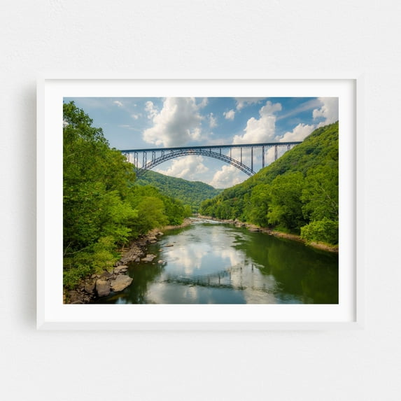 New River Gorge Bridge 01 - West Virginia Photography Bridge Nature Landscape Scenic Forest Travel Poster White Framed Wall Art Print 18 x 24 inches
