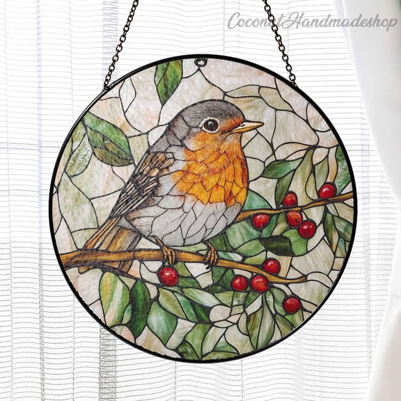 New Robin Bird Stained Glass Suncatcher, Bird Window Hanging, Gift For Mom Grandma, Bird Gardening Lover Gift, Home Decor for Window