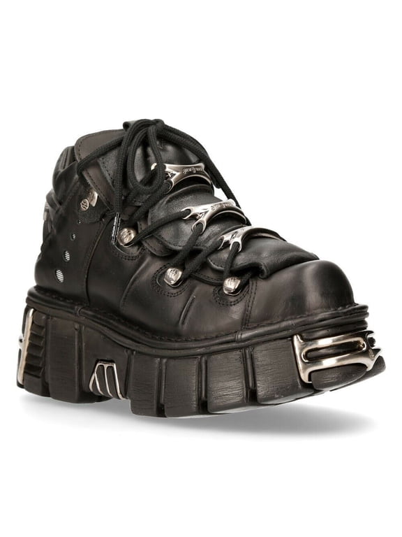 106-S1 Unisex Metallic Black Gothic Classic Leather Biker Boots 39