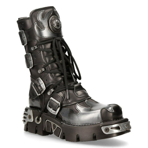 New Rock 591-S2 Black/Silver Gothic Leather Flame Boots 36