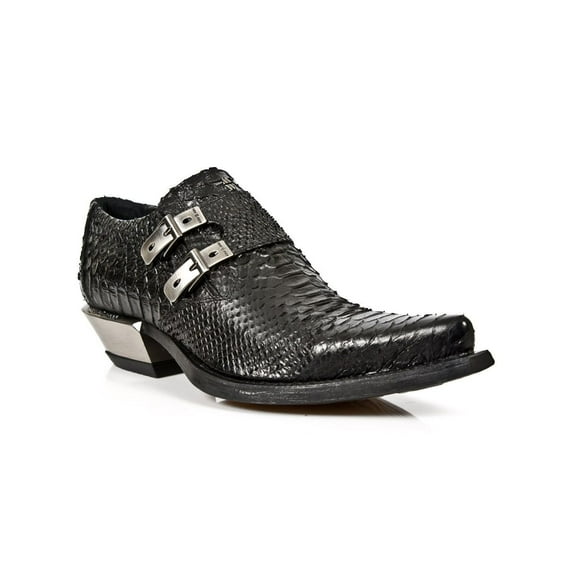 New Rock 7934-S2 Embossed Python Black Leather Buckle West Steel Heel Shoes Boot 42