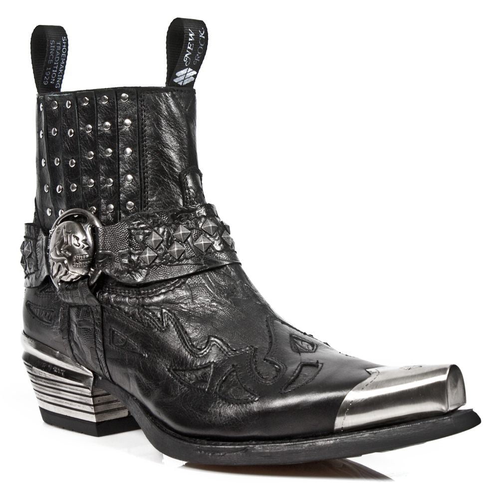 New Rock Women's M-110-S1 Black Leather Ankle Boots With Spikes & Metal Heel - Gothic Punk Style