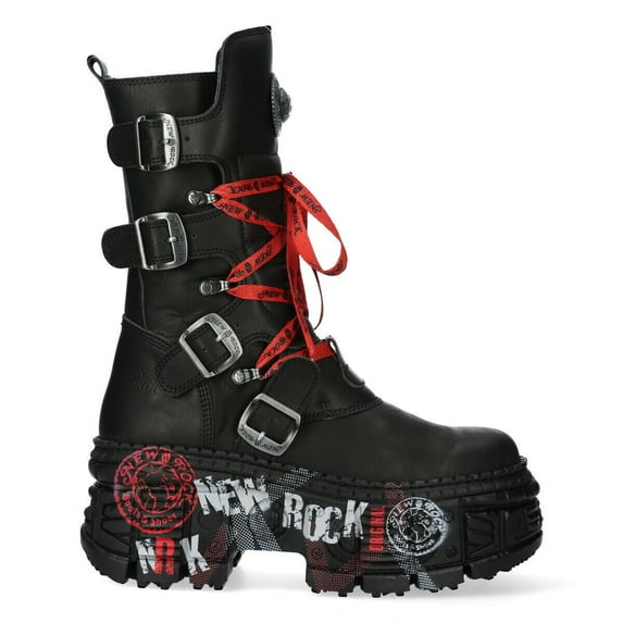 New Rock Boots WALL028B-C1 Unisex Metallic Black Leather Platform Gothic Boots 37