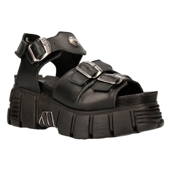 New Rock M-BIOS101-C2 Unisex Metallic Black 100% Leather Sandal Punk Rock Boots 45