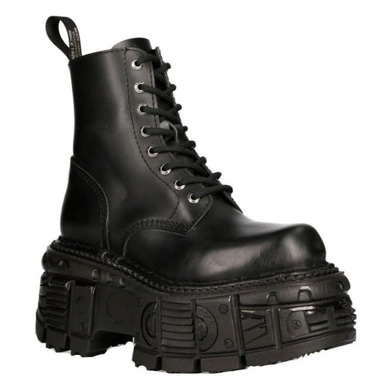 New Rock M-MILI084N-S5 Unisex Metallic Black 100% Leather Techno Platform Military Boots 36