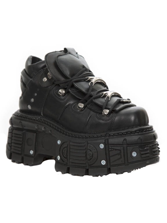 M-TANK106-C2 Unisex Metallic Black 100% Leather Goth Platform Boots 41