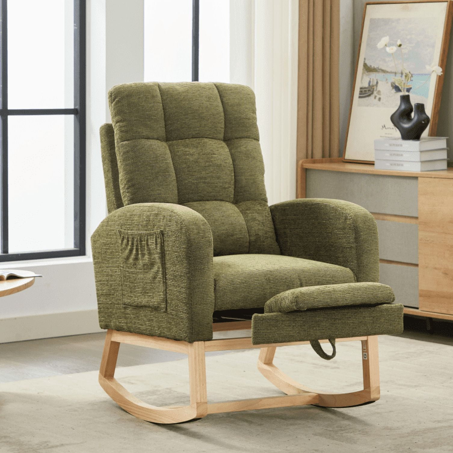 New Rocking Chair with Footrest for Nursery, Modern PU Upholstered Glider Accent Armchair with High Backrest, Padded Seat, and Side Pocket – Ideal for Living Room, Bedroom