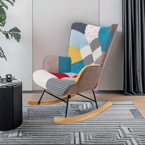 New Rocking Chair, Mid Century Fabric Rocker Chair with Wood Legs and Patchwork Linen for Livingroom Bedroom