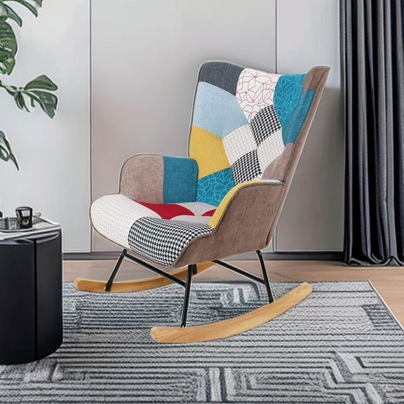 New Rocking Chair, Mid Century Fabric Rocker Chair with Wood Legs and Patchwork Linen for Livingroom Bedroom