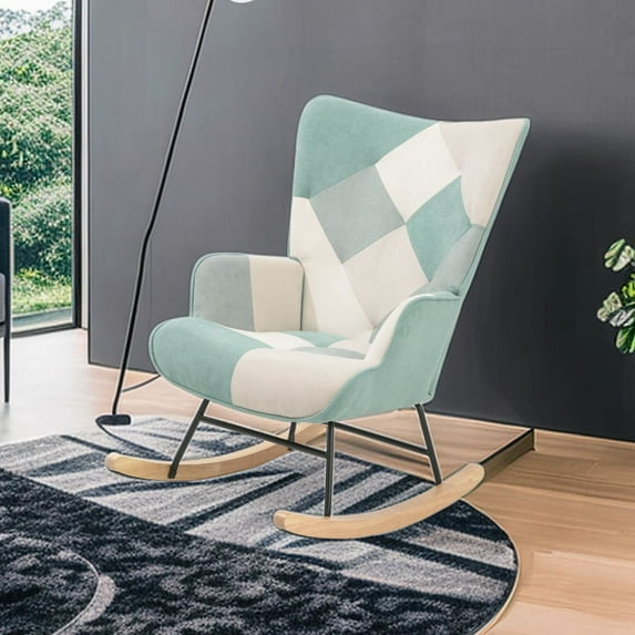 New Rocking Chair, Mid Century Fabric Rocker Chair with Wood Legs and Patchwork Linen for Livingroom Bedroom