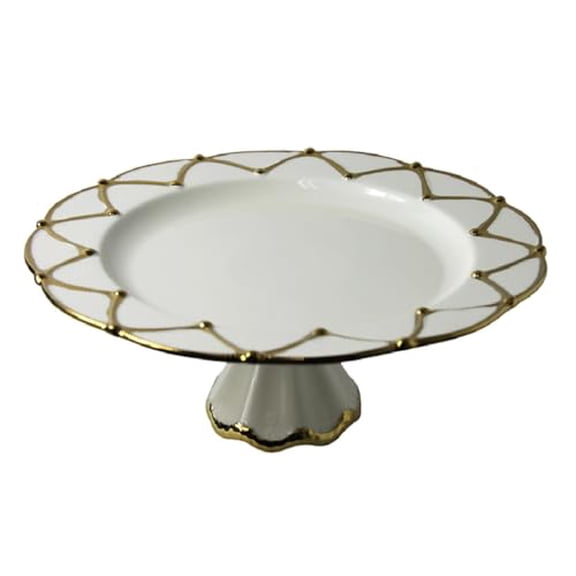 New Round Large 12" Ceramic Cake Pastry Dish Stand Container White/Gold