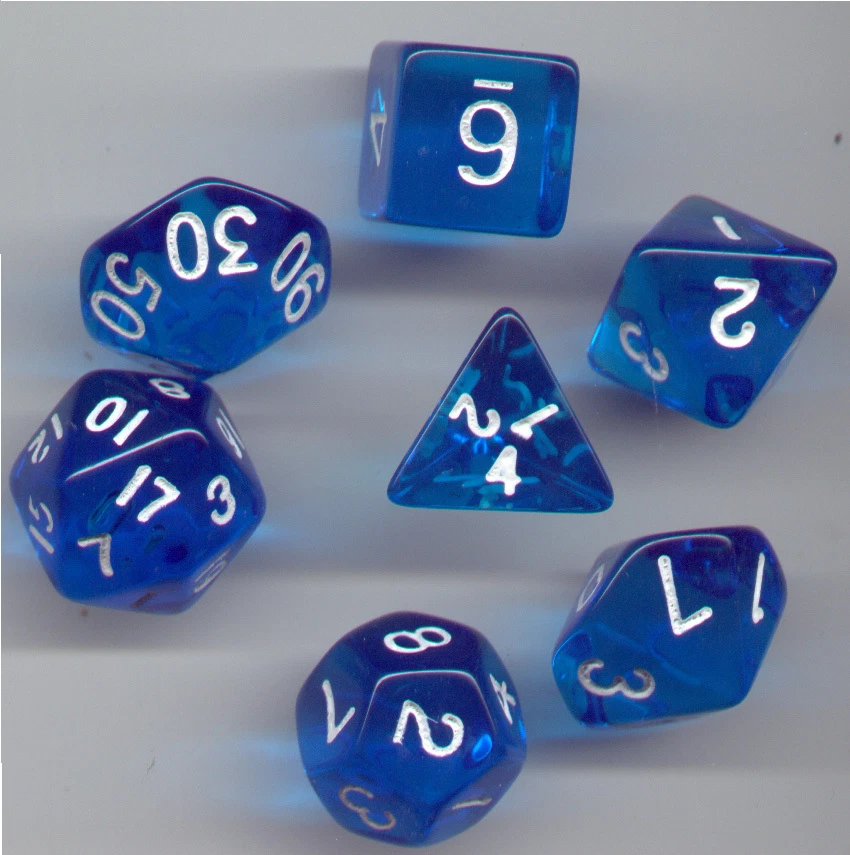 New Rpg Dice Set Of 7 - Translucent Sky-Blue D4 D6 D8 D10 D12 D20 D00-90