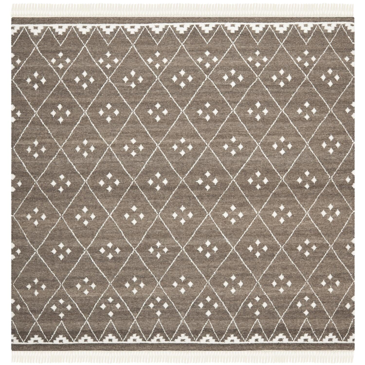 Brown and Ivory Wool Handmade Flat Woven Square Area Rug