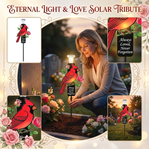 New Rust Resistant Metal Cardinal Memorial Stake, Solar LED Cemetery Grave Marker, Eternal Tribute For Garden And Gravesite