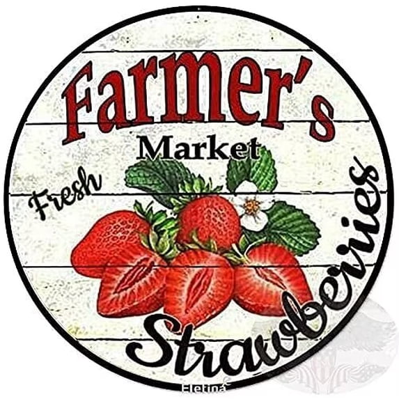New Rustic Farmhouse Round Metal Sign Farmers Market Fresh Strawberries Sign Retro Kitchen Decor Wall Door Hanger Decor Sign Diameter 12