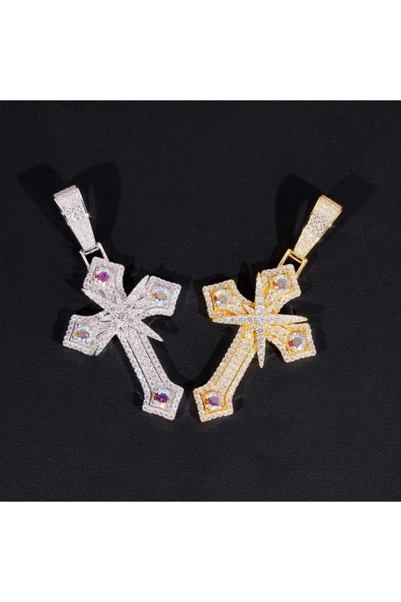 New S925 silver rainbow moissanite silver cross necklace hip-hop trend personality pendant
