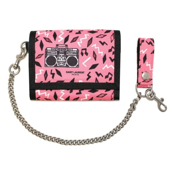 New Saint Laurent Buffalo Pink Nylon Radio Chain Trifold Wallet 586279