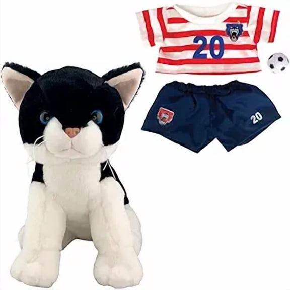New Salt N Pepper the Cat Stuffed Toy with Red Soccer Uniform and Ball - 16" Plush Cat with Soccer Kit and Ball - Perfect Gift for Kids and Soccer Enthusiasts